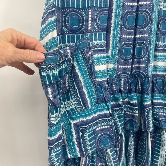 Monsoon Womens Blue Sleeveless Geometric Ruffled Dress Embellished Sequins Small - Picture 2 of 6